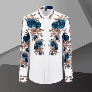 Luxury Baroque Blue Rose Rhinestones Shirt Social Club Overhemden Heren Shirt Men Dress Black Gold Print Long Sleeve Shirt Men