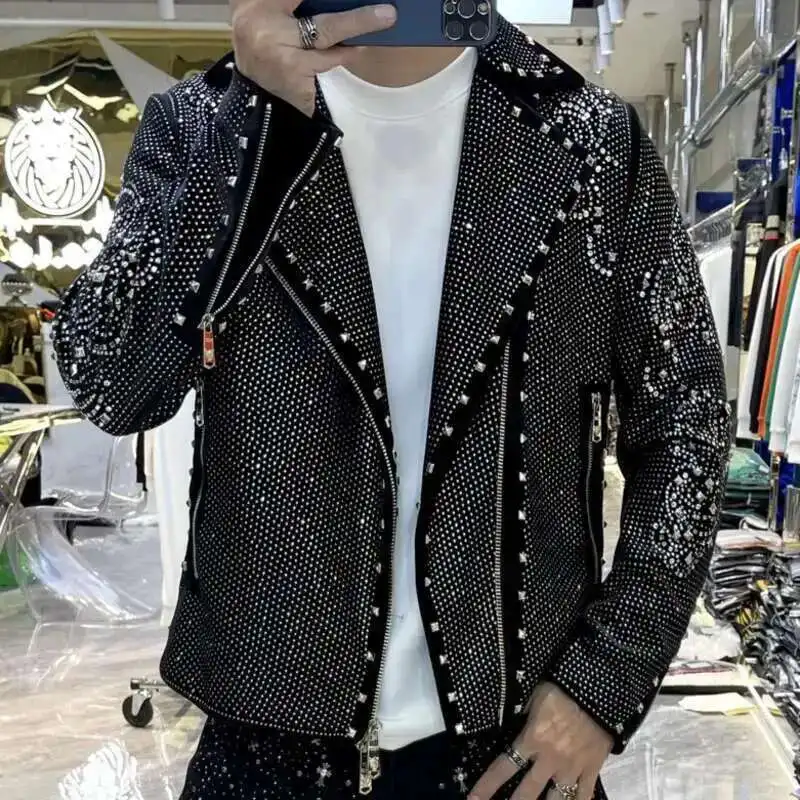 European Style Men Streetwear Jacket Fall Winter Casual Men Motorcycle Jacket Top Men Fashion Trend Star Hot Drilling Men Jacket - Image 2