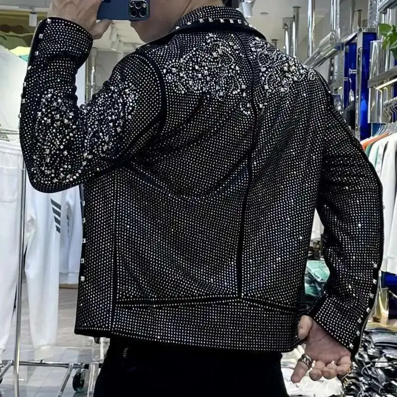 European Style Men Streetwear Jacket Fall Winter Casual Men Motorcycle Jacket Top Men Fashion Trend Star Hot Drilling Men Jacket - Image 5