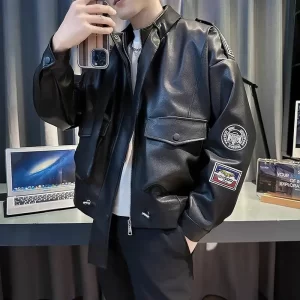 Stand Collar Solid Color Multi-Label PU Leather Jacket Workwear Coat Leather Jacket Male Jaqueta Motoqueiro Motorcycle Jacket