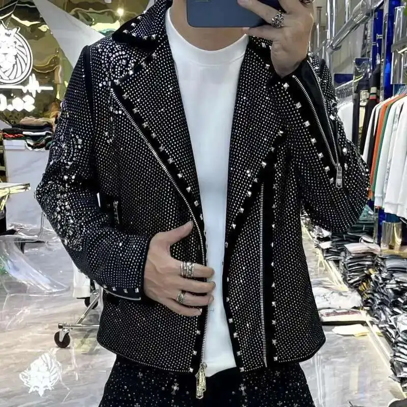 European Style Men Streetwear Jacket Fall Winter Casual Men Motorcycle Jacket Top Men Fashion Trend Star Hot Drilling Men Jacket - Image 3