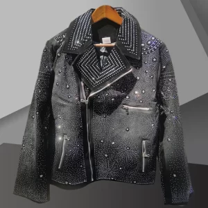 Top Quality Luxury Star Rivet Decoration Punk Club Outfit Jacket Rhinestones Leather Jacket Men Black Jacket Coat Jaqueta Bomber