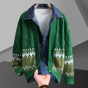 Geometric print Sweater Cardigan Male Garment Coat Noel Kazak Heren Sweater Checkered Contrasting Colors Knitting Cardigan Man