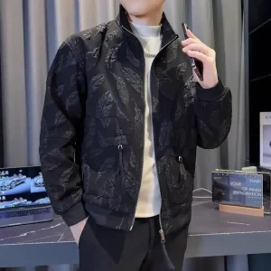 Men Floral Jacket Korean Style Stand Collar Black Solid White Solid Color Jacquard Fabric Workwear Jacket Vintage Jacket Men