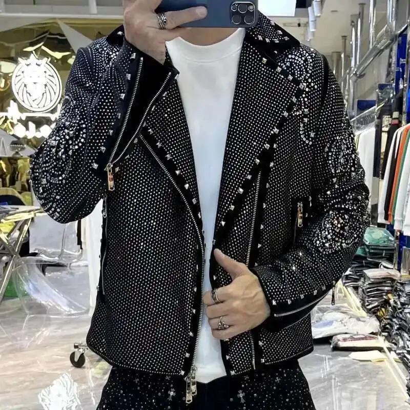 European Style Men Streetwear Jacket Fall Winter Casual Men Motorcycle Jacket Top Men Fashion Trend Star Hot Drilling Men Jacket - Image 4